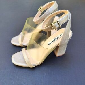 KARL LAGERFELD PARIS Raya Taupe/Beige Velvet Block Heels Ankle Strap Sandal 6.5